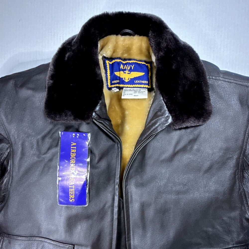 Navy Airborne Leathers Fur Lined Leather Pilots Flight Bomber Jacket XS New